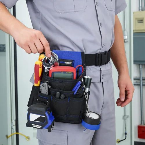 Vista 6 de MELOTOUGH Bolsa de herramientas para electricista, bolsas para cinturón de herramientas, múltiples bolsillos, organizador de herramientas para Azul