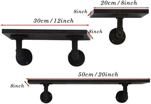 Vista 3 de Juego de 3 estantes flotantes para montar en la pared, estantes industriales para decoración de pared, color negro, estante de pared de madera