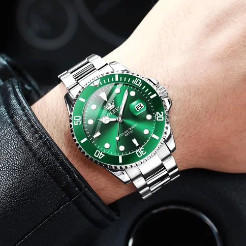 Vista 2 de OLEVS Reloj para hombre, esfera grande, dorado, plateado, acero inoxidable, analógico, de cuarzo, con fecha, bisel giratorio de lujo, impermeable