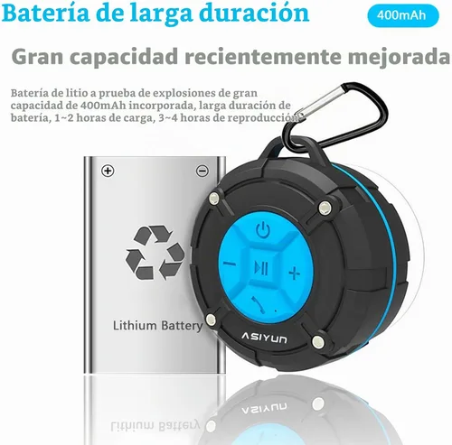 Vista 5 de Bocina para regadera con Bluetooth de ASIYUN, portátiles, a prueba de agua con sonido IPX7 HD, Ventosa, bocina con micrófono incorporado, Manos