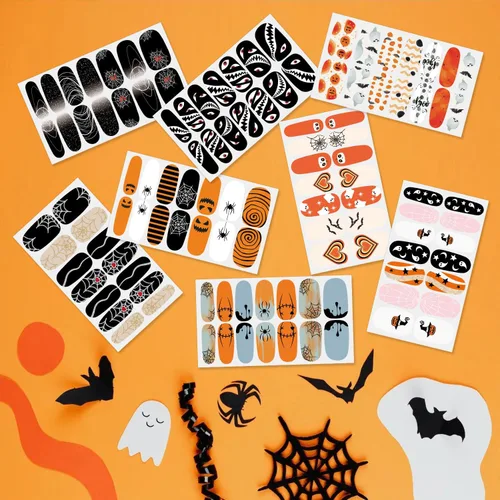 Vista 2 de 8 hojas de calcomanías de esmalte de uñas de Halloween, calcomanías de esmalte de uñas para festivales, tiras de esmalte de uñas para mujeres