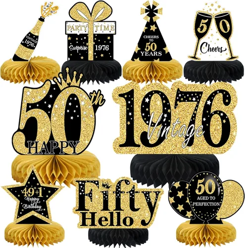 Vista 8 de 9 piezas de decoración de cumpleaños negro dorado 16 centros de mesa de panal para niños y niñas, centros de mesa de feliz cumpleaños 16 Oro negro 16