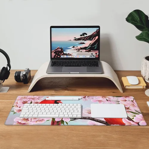 Vista 4 de Alfombrilla de mouse grande con bonitos pájaros rojos en flores de cerezo extendida con bordes cosidos, alfombrilla de mouse para computadora