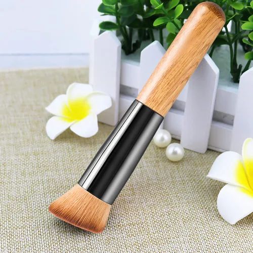 Vista 6 de Brocha de base Kabuki de base plana – Brocha de bambú premium para maquillaje facial para base de polvo rubor – Pulido, punteado, corrector