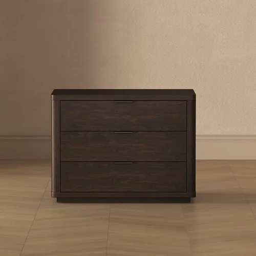 Vista 8 de Manhattan Comfort Evelyn - Mesita de noche con 3 cajones, mesa de noche minimalista de grano de madera con esquinas redondeadas y base elevada, mesa