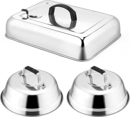 Vista 8 de Leonyo - Juego de 3 cúpula de fusión de metal, cubierta de acero inoxidable de 12 y 9 pulgadas para parrilla, parte superior plana, cubierta