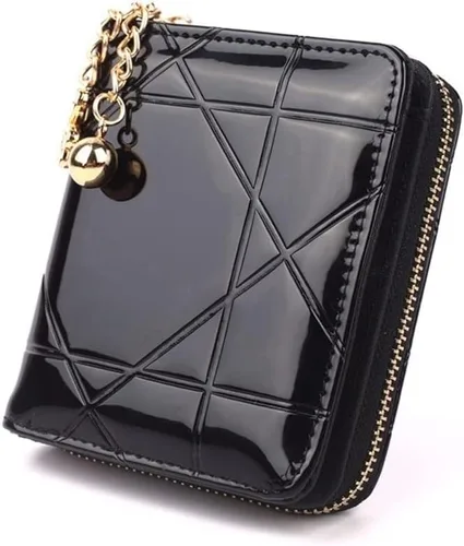 Vista 2 de Monedero corto de 3 pliegues para mujer, con tarjetero de charol (color negro)