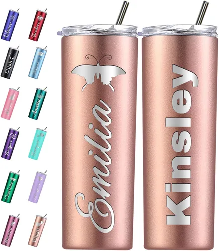 Vista 10 de Vaso personalizado personalizado con nombre grabado y logotipo, vasos delgados personalizados con tapa y pajita, vaso aislado de acero inoxidable