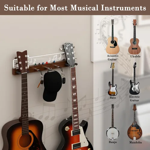Vista 3 de CoolGift Mart Soporte de pared para guitarra iluminado, capacidad para 2 guitarras con 3 llaveros enchufables, diseño de notas musicales