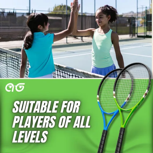 Vista 7 de Raquetas de tenis para 2 jugadores, paquete variado de dos colores con 2 pelotas de tenis, cinta de agarre, tarjetas de oferta y bolsa