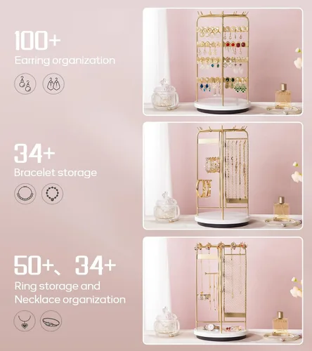 Vista 7 de Homde Soporte de joyería grande para tocador organizador de collar de aretes para mujeres modernas - Pulsera de reloj de metal Soporte giratorio que