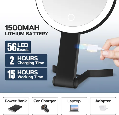 Vista 4 de Espejo de maquillaje iluminado, espejo de aumento 30X con luz, espejo colgante y de mano con asa, negro