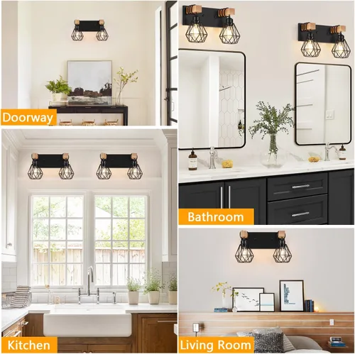Vista 6 de FadimiKoo Aplique de pared de baño de madera de estilo rústico de 2 luces, accesorio de iluminación de tocador de granja para baño, lámpara de pared