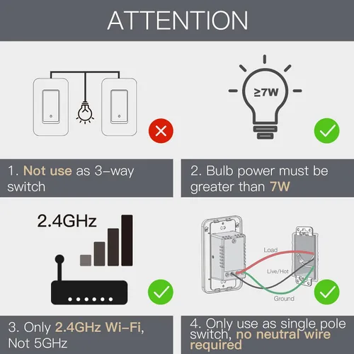 Vista 12 de MOES Interruptor de luz inteligente WiFi, sin cable neutro, sin condensador, no requiere concentrador, botón pulsador de cable vivo único de 2ª