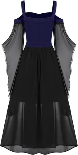 Vista 4 de SHOPESSA Disfraz medieval para mujer, manga de mariposa, vestido maxi con hombros descubiertos, vestido de corsé steampunk para mujer, ropa gótica