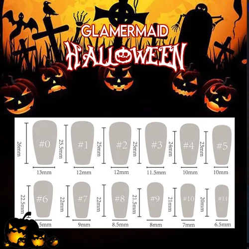 Vista 9 de Luminous GLAMERMAID Winter Press on Nails Conffin, Handmade Gel Fake Nails Long, Gothic Emo Nails with Skull Ghost Design, Cartoon False Nails for