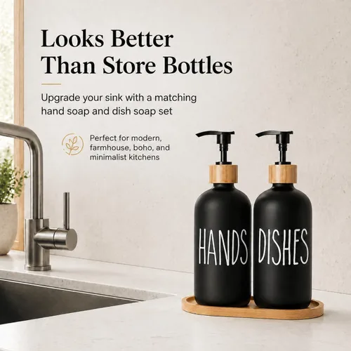 Vista 5 de Dispensador de jabón para platos para fregadero de cocina. Dispensador de jabón de manos de vidrio, decoración moderna de casa de campo para baño