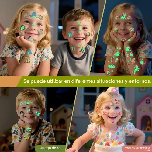 Vista 3 de Awinmay 310 piezas de tatuajes temporales luminosos para niños, estilos mixtos de tatuajes que brillan en la oscuridad para niños y niñas, pegatinas