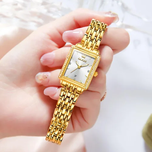 Vista 7 de OLEVS Reloj de mujer de oro de acero inoxidable, reloj de cara cuadrada pequeña con decoración de diamantes, reloj de vestir de cuarzo analógico