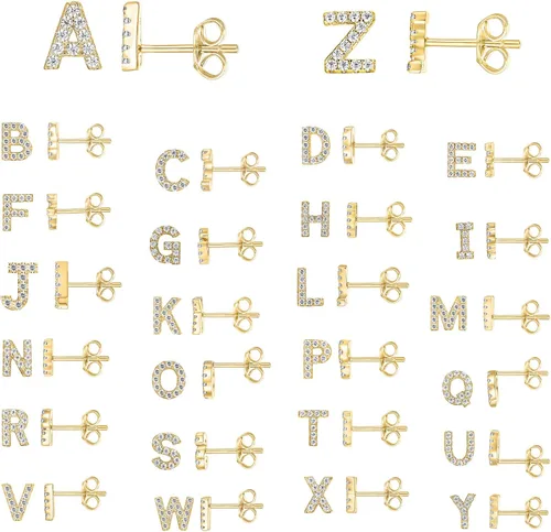 Vista 3 de PAVOI Aretes de plata de ley 925 chapados en oro de 14 quilates con circonita cúbica con letra inicial para mujer Aretes de letras del alfabeto