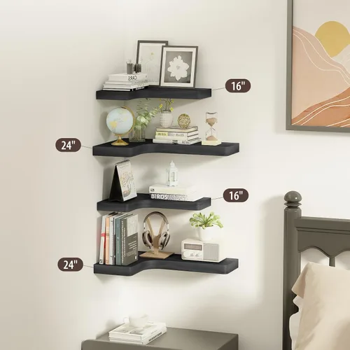 Vista 6 de SAUMONIERES Estantes flotantes de esquina de madera maciza para dormitorio, baño, cocina, almacenamiento, juego de 3, negro, soportes invisibles