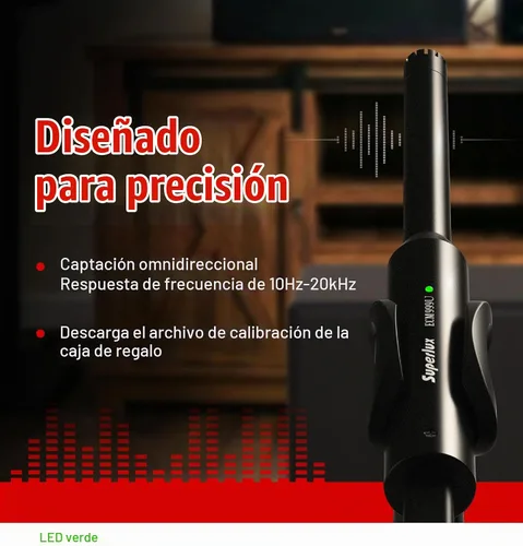 Vista 5 de Superlux ECM999U - Juego de micrófonos de medición USB, micrófono condensador Omni de campo libre para análisis acústico de habitación, prueba