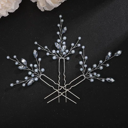 Vista 6 de Teyglen Juego de 3 horquillas de cristal de perlas negras para novia, accesorios para el cabello de boda, piezas de pelo de perlas negras hechas a