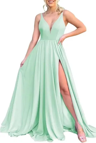 Vista 14 de Vestidos largos de dama de honor para mujer, con abertura, cuello en V, vestido de fiesta formal para boda
