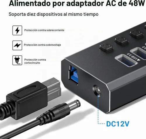 Vista 6 de Hub USB 3.0 alimentado de aluminio de 10 puertos USB 3.0 Hub de datos con adaptador de corriente de 12V/4A (48W) e interruptores individuales de Hub