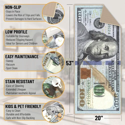 Vista 2 de Tapete largo y moderno con diseño de billetes de $100, tapete con respaldo de caucho antideslizante y lavable a máquina para pasillo, cocina