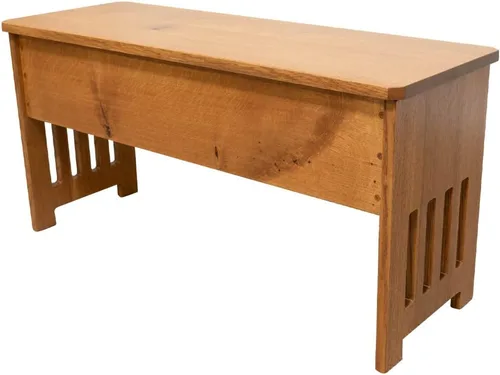Vista 6 de RRD Banco de almacenamiento de madera, banco de entrada estilo misión con tapa abatible, banco de comedor de madera de roble macizo con listones