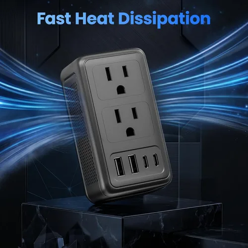 Vista 8 de Convertidor de voltaje de 2000 W, 220 V a 110 V con 2 tomas de CA, 2 puertos USB C y 2 puertos USB A Negro mate (matt black)