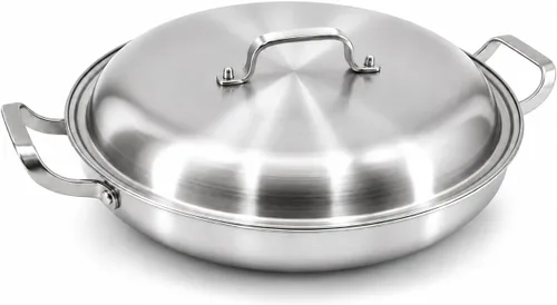 Vista 12 de Yeksum - Sartén de acero inoxidable de tres capas para paella, sartén grande con tapa (acero inoxidable híbrido, 12 pulgadas)