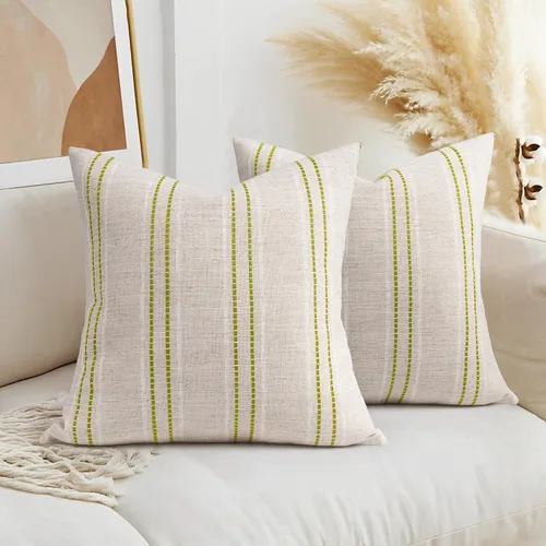 Vista 20 de AELS Fundas de Almohada Decorativas de Lino Estilo Granja de 16x16, Funda de Almohada con Textura Boho, Juego de 2, Beige con Rayas de Hilo Teñido