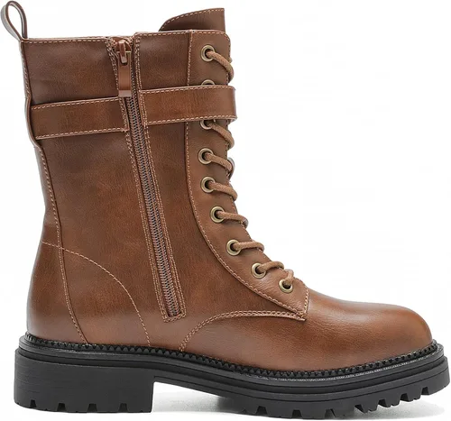 Vista 3 de CentroPoint Botas de combate con cordones para mujer, tacón bajo, media pantorrilla, botas militares, punta redonda, cremallera lateral, hebilla al