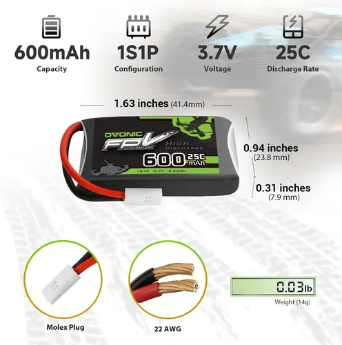 Vista 2 de OVONIC Batería Lipo de 3.7V 25C 600mAh 1S [1 paquete que incluye 6 baterías]