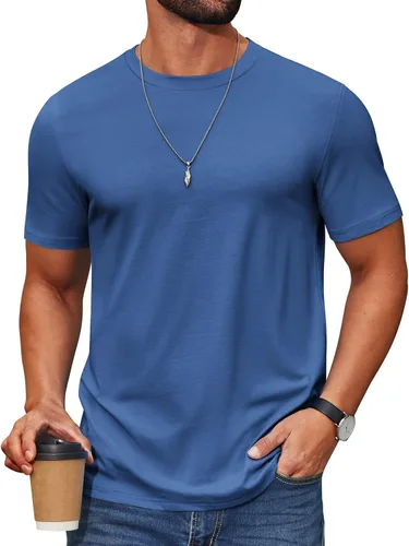 Vista 8 de COOFANDY Camiseta de manga corta para hombre, de mezcla de algodón, cuello redondo, informal, para verano, básica Verde militar