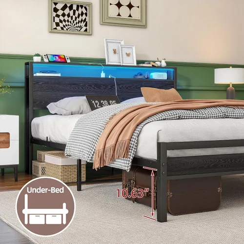 Vista 7 de BOFENG Base de cama Queen con cabecera de almacenamiento, marco de cama de plataforma de metal tamaño Queen con luces LED, estación de carga,