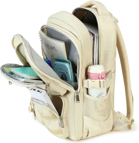 Vista 5 de Abshoo Mochila grande resistente para escuela y universidad. Mochila casual con múltiples bolsillos para viajes Beige