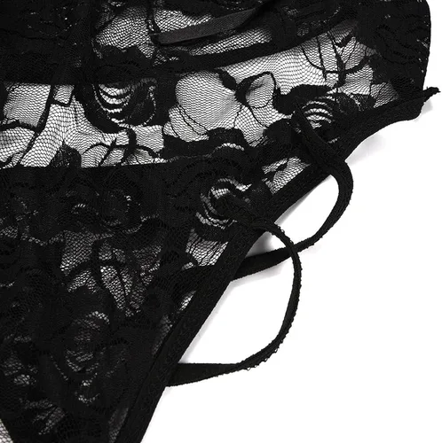 Vista 6 de Body de cuello alto para mujer lencería de encaje floral ropa interior cruzada de una pieza con leotardo de malla transparente