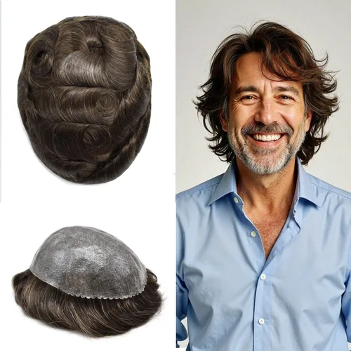 Vista 531 de Toupee para hombre 100% cabello humano real tupé para hombres 0.004 in piel de poliuretano para hombre, sistema de reemplazo de piezas de pelo