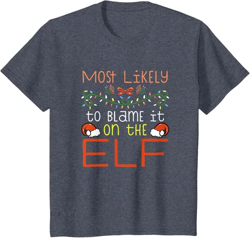 Vista 18 de Camiseta de Navidad familiar a juego con la frase "Most Likely To Blame It On The Elf" Negro