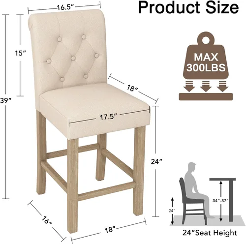 Vista 2 de LSSBOUGHT Juego de 2 taburetes tapizados de 24 pulgadas, taburetes de bar de tela con respaldo, sillas de bar con altura de mostrador con patas