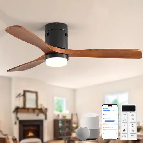 Vista 21 de Sofucor Ventiladores de techo inteligentes de 52 pulgadas con luces - montaje al ras de perfil bajo, modernos ventiladores de techo de madera maciza