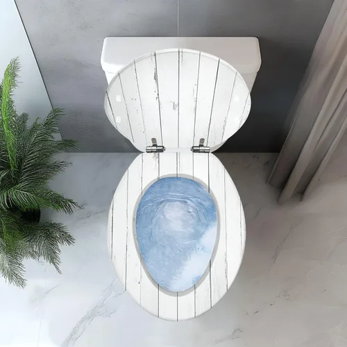 Vista 5 de Asiento de inodoro alargado con textura de tablón de madera blanca envejecida, asiento de inodoro de resina con encanto rústico con bisagras
