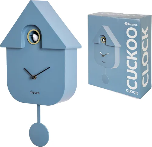 Vista 13 de Fisura - Reloj de pared de cuco a rayas azules y beige con esfera roja - Reloj de pared decorativo moderno, regalo único de decoración del hogar