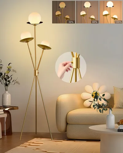 Vista 19 de Lámpara de pie moderna de cristal de 3 luces, lámpara alta de pie dorada con pantalla de vidrio de piña roja profunda, lámpara de pie LED regulable
