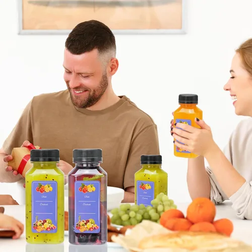 Vista 7 de Botellas de plástico de 8 onzas con tapas, botellas de plástico con tapas negras a prueba de manipulaciones, recipientes de jugo reutilizables