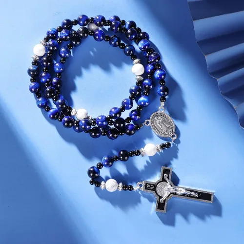 Vista 2 de Rosario de cuentas católicas hechas a mano de 0.315 pulgadas para hombre, collar de rosario negro grande con medalla milagrosa, rosarios, regalos