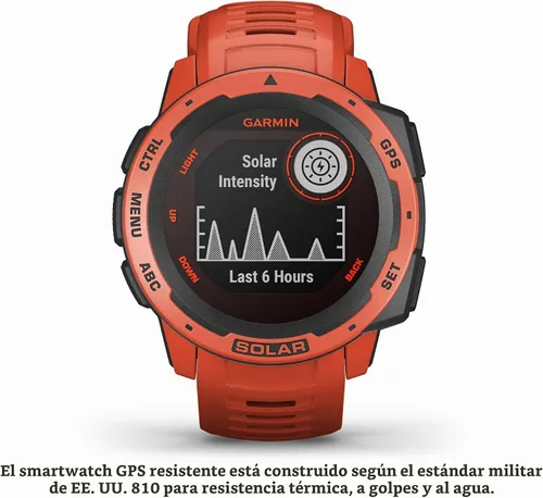 Vista 2 de Garmin Instinct Solar, reloj inteligente resistente para exteriores alimentado por energía solar, aplicaciones deportivas integradas y monitoreo